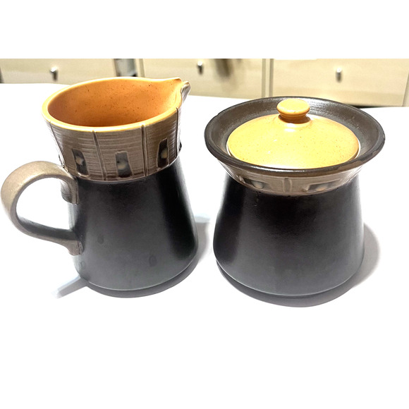 Vintage KASUGA Stoneware Sugar Bowl & Creamer Set Handcrafted in JAPAN - Picture 1 of 7